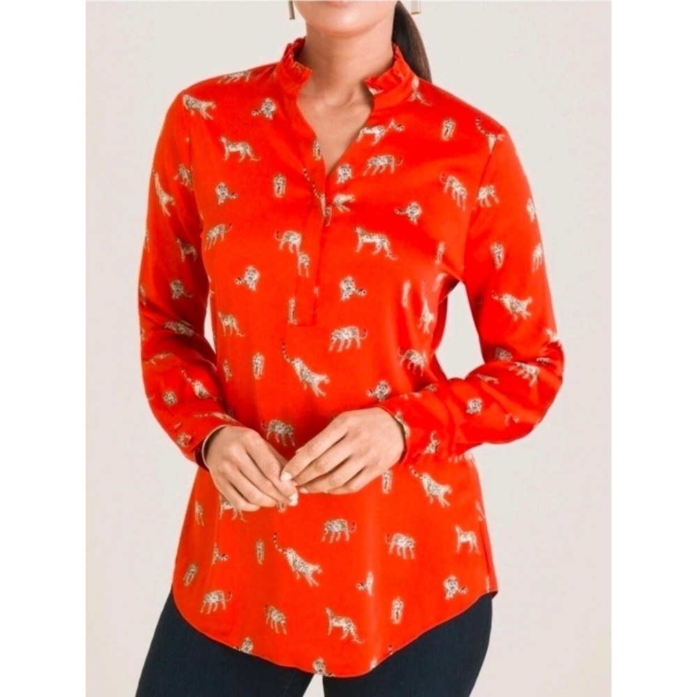 Chico's Orange Red Satin Cheetah Print Long Sleeve Blouse Chicos Size 2 Large